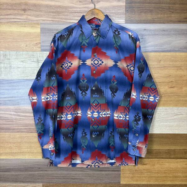 90s Polo by Ralph Lauren CHAMBERS ポロ ラルフローレン ネイティブ柄 長袖シャツ サイズ メンズ M 90年代 アメカジ 古着 r25052773