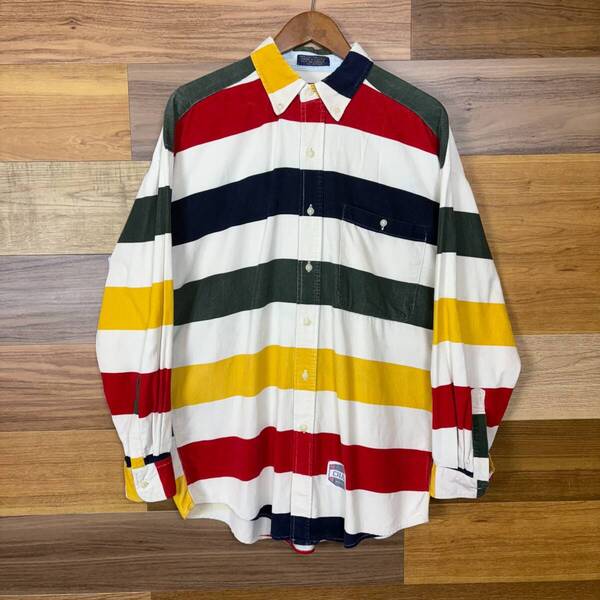 90s CHAPS Ralph Lauren チャップス ラルフローレン 太ボーダー コーデュロイ 長袖シャツ サイズ メンズ M 90年代 古着 r25052776