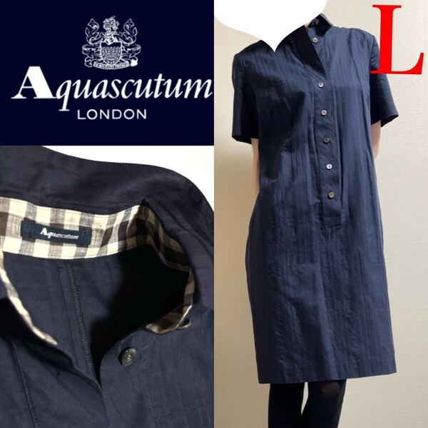 アクアスキュータム AQAUASCUTUM Aquascutum 濃紺 コットンリネン 半袖 シャツワンピース シャドーチェック L 綿麻 ダークネイビー
