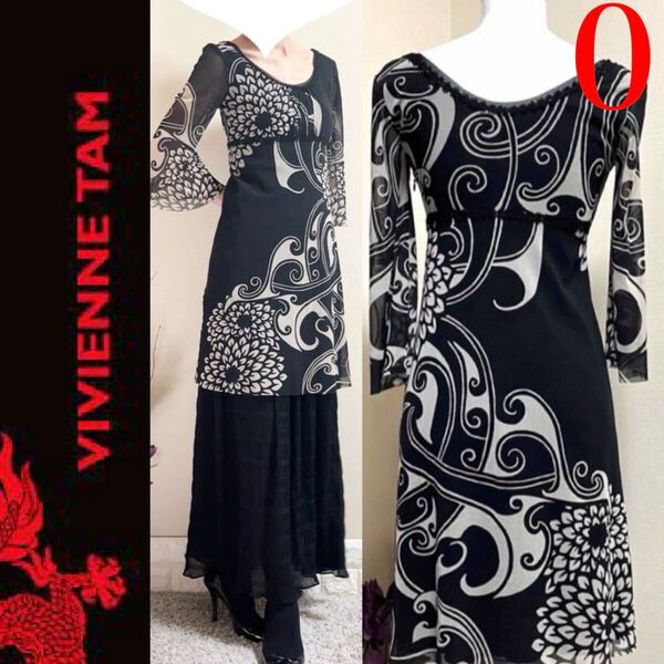 美品!ヴィヴィアンタム VIVIENNE TAM オリエンタル 総柄 パワーネット フレアスリーブ ワンピース 黒 0 S チュニックにも