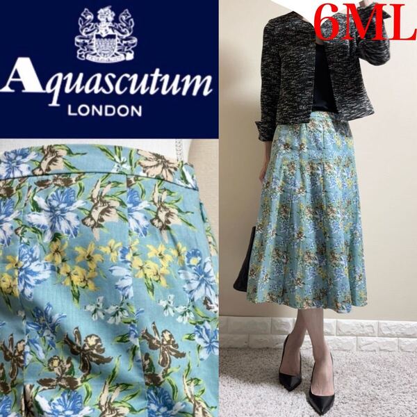 美品!アクアスキュータム AQAUASCUTUM Aquascutum コットン リバティフラワー ロングプリーツスカート ML 6 花柄 ボックスプリーツ