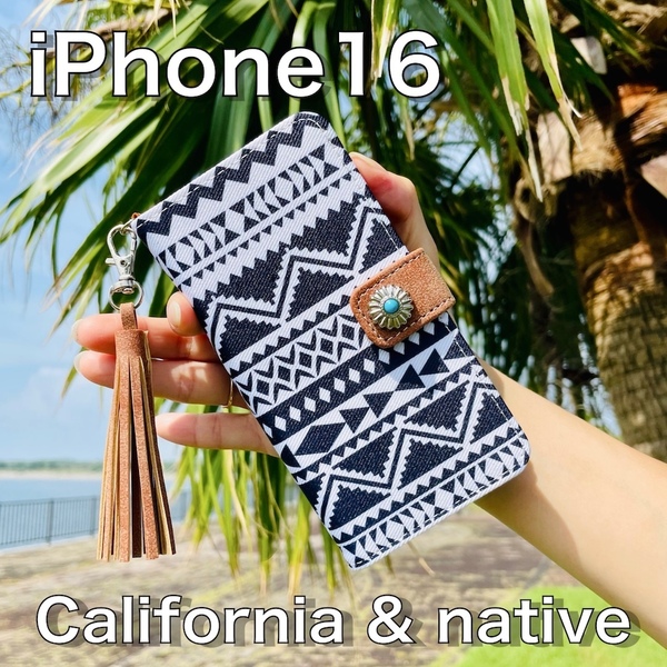 iPhone 16 レザーケース☆ネイティブ&コンチョ☆アイフォン手帳型カバー