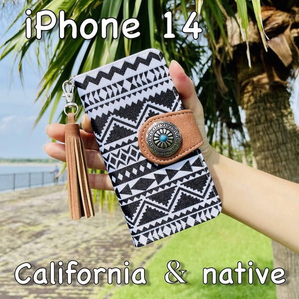 iPhone 14 レザーケース☆ネイティブ&コンチョ☆西海岸スタイル*アイフォン手帳型カバー