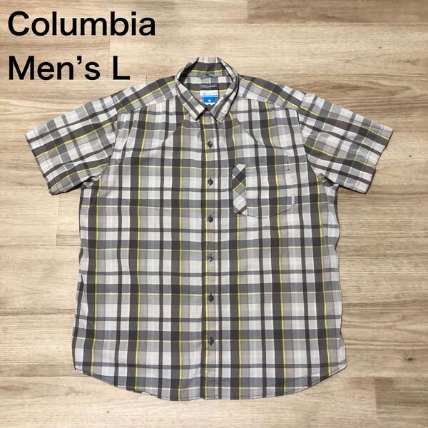 【送料無料】Columbia半袖シャツ グレー黄色系チェック柄 メンズLサイズ コロンビアアウトドア登山