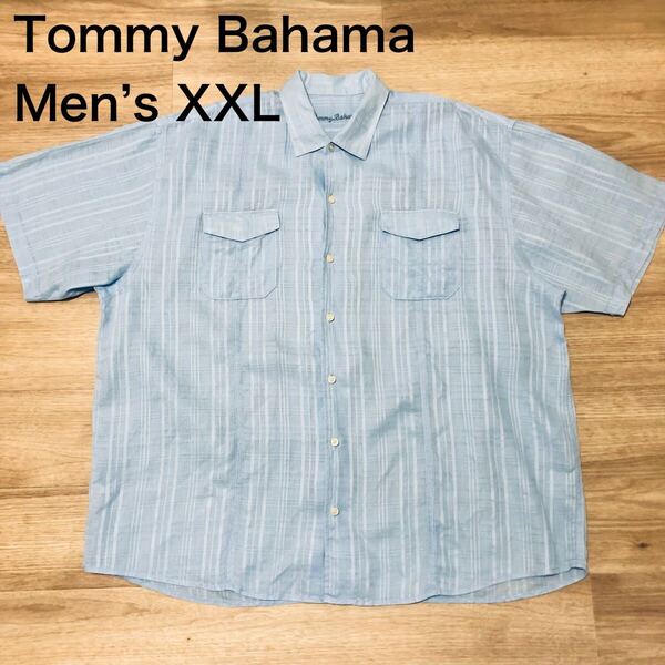 【送料無料】Tommy Bahamaリネン100%半袖シャツ水色ストライプ柄 メンズXXLサイズ トミーバハマアロハシャツ麻ハワイアンシャツ