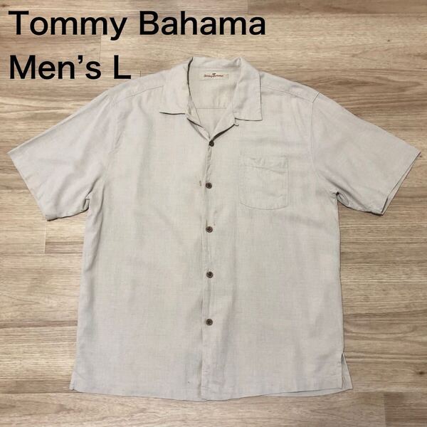 【送料無料】やや汚れありTommy Bahamaシルク95%アロハシャツ カーキベージュ系 メンズLサイズ トミーバハマ半袖シャツハワイアンシャツ