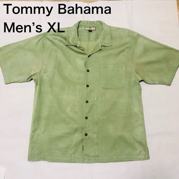 【送料無料】Tommy Bahamaシルク70%コットン30%アロハシャツ緑 メンズXLサイズ トミーバハマ半袖シャツハワイアンシャツ絹綿