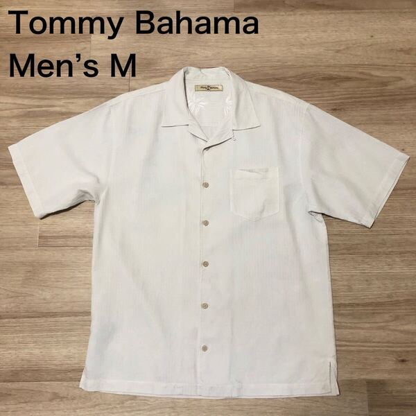 【送料無料】 Tommy Bahamaシルク100%アロハシャツ白ストライプ柄 メンズMサイズ トミーバハマ半袖シャツハワイアンシャツ絹