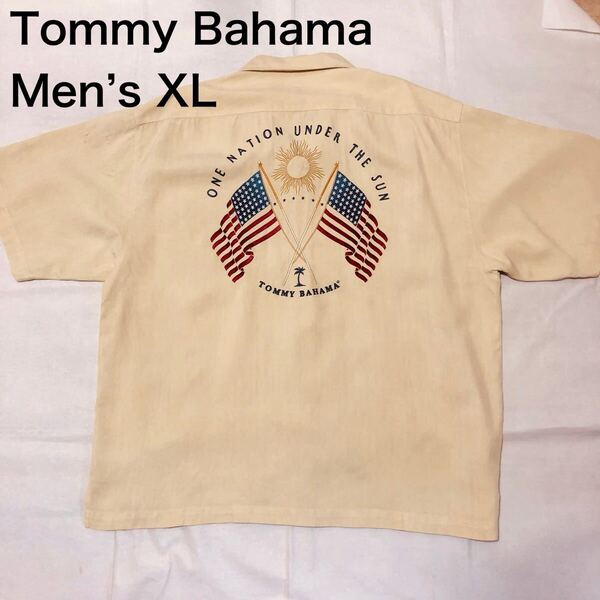 【送料無料】Tommy Bahamaシルク100%アロハシャツ薄黄色背面刺繍 メンズXLサイズ トミーバハマ半袖シャツハワイアンシャツ絹