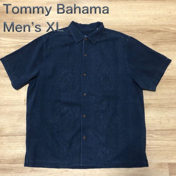 【送料無料】Tommy Bahamaシルク100%半袖シャツ ネイビー メンズXLサイズ トミーバハマアロハシャツハワイアンシャツ絹