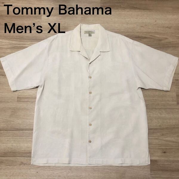 【送料無料】Tommy Bahamaシルク100%アロハシャツ アイボリーベージュ系総柄メンズXLサイズ トミーバハマ半袖シャツハワイアンシャツ絹