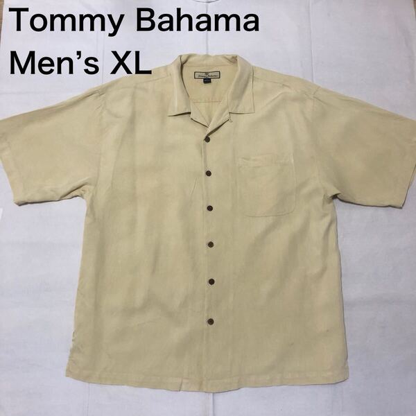 【送料無料】 Tommy Bahamaシルク100 %アロハシャツ黄色系 メンズXLサイズ トミーバハマハワイアンシャツ半袖シャツ絹
