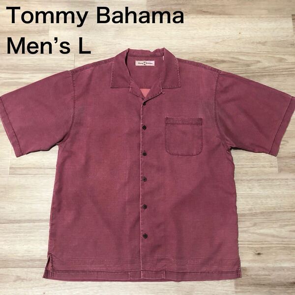 【送料無料】 Tommy Bahamaシルク100 %アロハシャツ赤系 メンズLサイズ トミーバハマハワイアンシャツ半袖シャツ絹