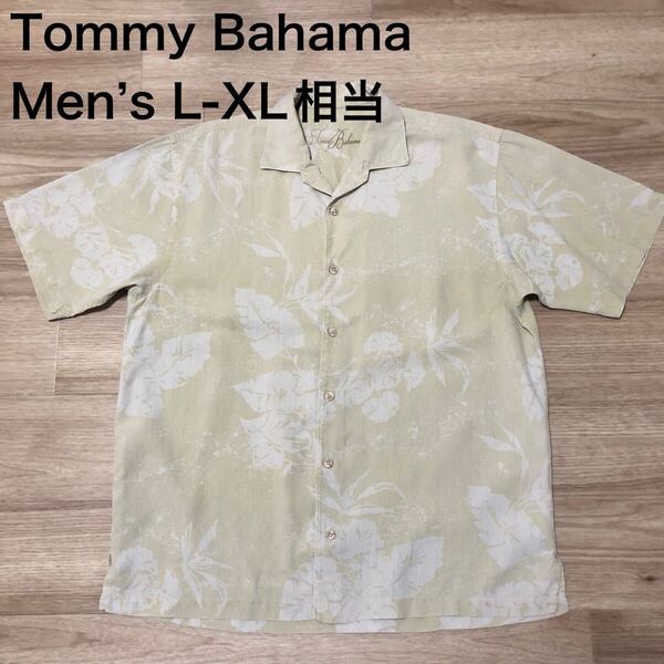 【送料無料】 Tommy Bahamaアロハシャツ ベージュ系総柄 メンズL-XLサイズ相当 トミーバハマハワイアンシャツ半袖シャツシルク絹