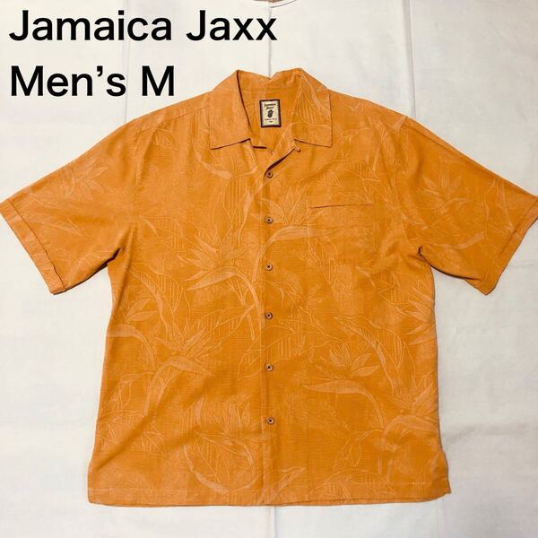 【送料無料】Jamaica Jaxxシルク100%アロハシャツ オレンジ総柄 メンズMサイズ ジャマイカジャックスハワイアンシャツ半袖シャツ絹