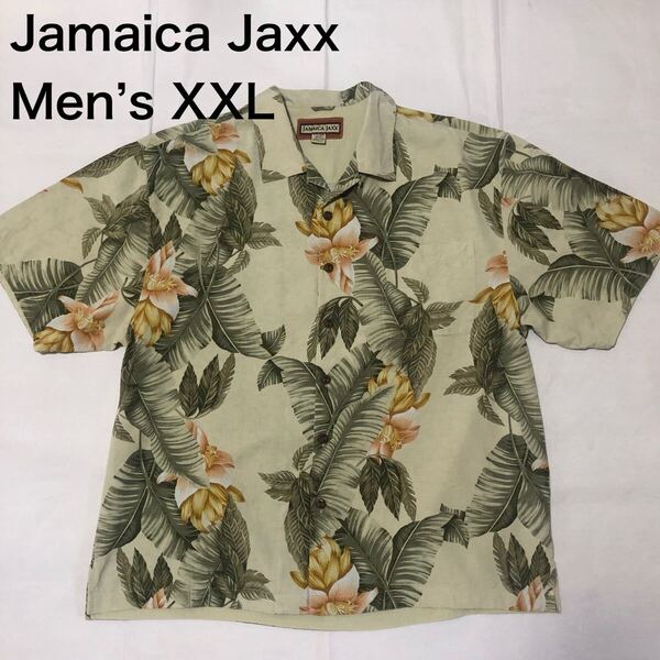 【送料無料】Jamaica Jaxxシルク100%アロハシャツ緑花柄総柄 メンズXXLサイズ ジャマイカジャックスハワイアンシャツ半袖シャツ絹