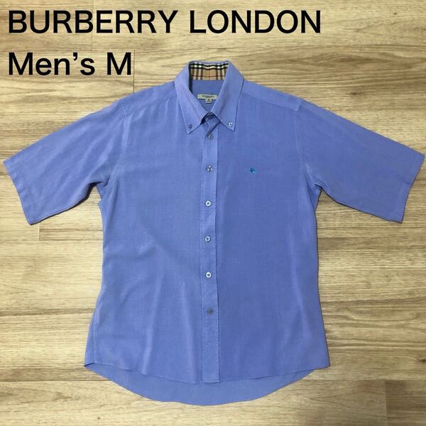 【送料無料】BURBERRY LONDON半袖シャツ青系 メンズMサイズ バーバリーロンドン5分袖