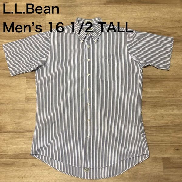 【送料無料】USA製L.L.Bean半袖オックスフォードシャツ 青白ストライプ柄 メンズ16 1/2 TALLサイズ エルエルビーンアウトドア半袖シャツ