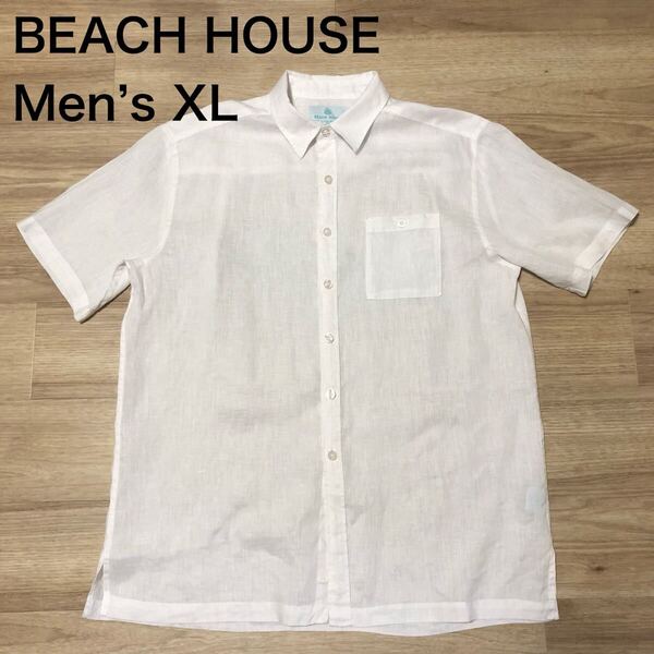 【送料無料】BEACH HOUSEリネン100%半袖シャツ白 メンズXLサイズ ビーチハウスハワイアン麻