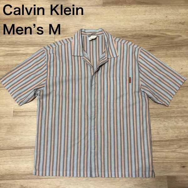 【送料無料】Calvin Klein 半袖シャツ マルチカラーストライプ柄 メンズMサイズ カルバンクライン