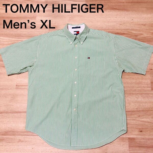 【送料無料】旧タグTOMMY HILFIGER半袖シャツ 緑白ストライプ柄 メンズXLサイズ トミーヒルフィガー