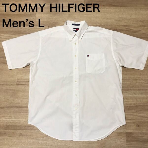 【送料無料】旧タグTOMMY HILFIGER半袖シャツ白 メンズLサイズ トミーヒルフィガー