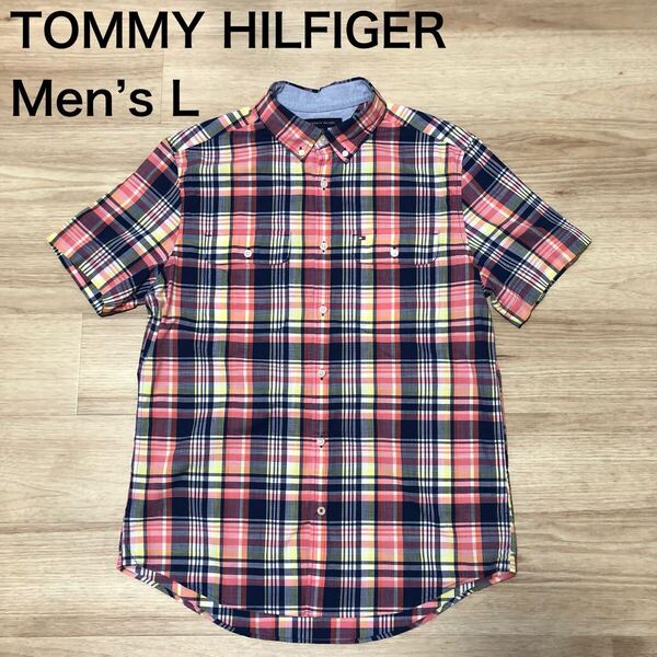 【送料無料】TOMMY HILFIGER半袖シャツ ピンクネイビー黄色白チェック柄 メンズLサイズ トミーヒルフィガー