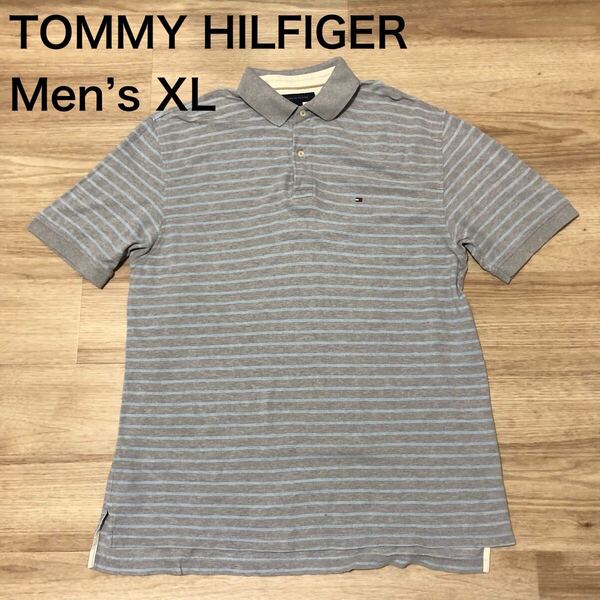 【送料無料】TOMMY HILFIGER 半袖ポロシャツ グレー水色ボーダー柄 メンズXLサイズ トミーヒルフィガー