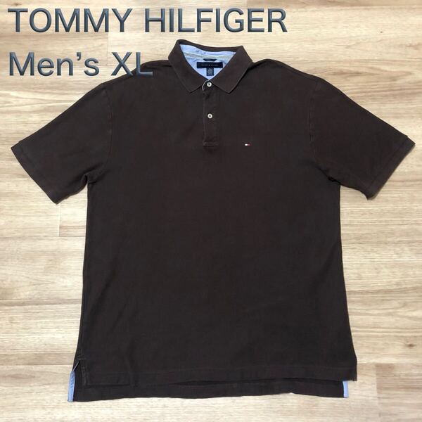 【送料無料】 TOMMY HILFIGER半袖ポロシャツ ダークブラウン メンズXLサイズ トミーヒルフィガー