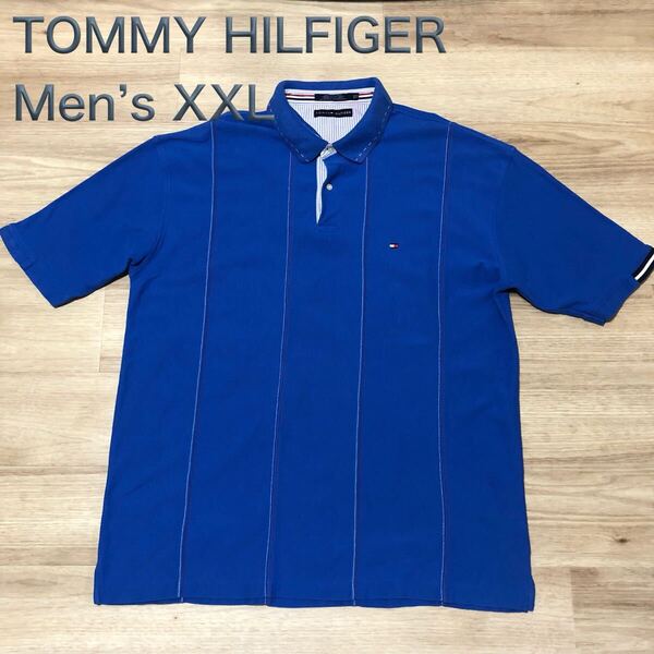 【送料無料】 TOMMY HILFIGER 半袖ポロシャツ青ステッチストライプ柄 メンズXXLサイズ トミーヒルフィガー大きいビッグサイズ
