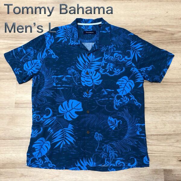 【送料無料】Tommy Bahama レーヨン100%アロハシャツ青系総柄 メンズLサイズ トミーバハマハワイアンシャツ半袖シャツ