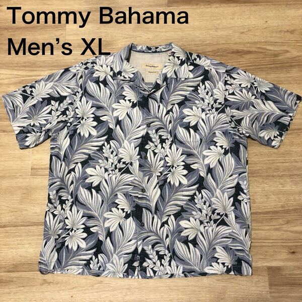 【送料無料】Tommy Bahamaシルク57%コットン43%アロハシャツ 紫グレー系花柄総柄 メンズXLサイズ トミーバハマハワイアンシャツ半袖シャツ