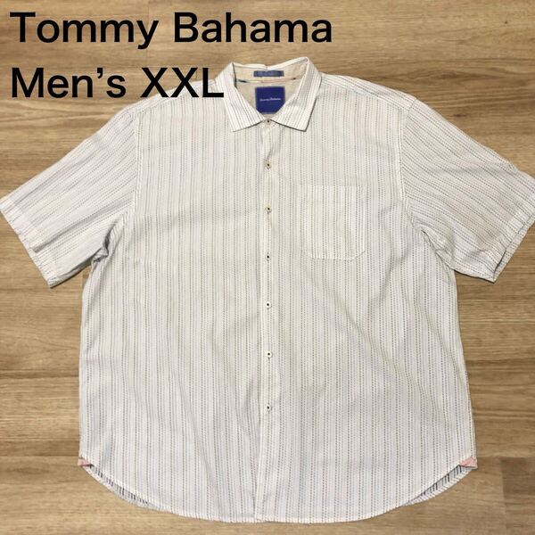 【送料無料】Tommy Bahamaコットン100%半袖シャツ白青系ドットストライプ柄 メンズXXLサイズ ハワイアンシャツアロハシャツトミーバハマ
