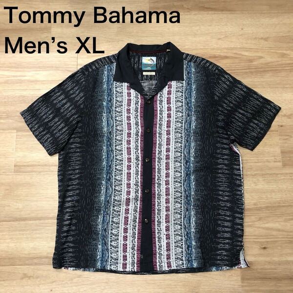 【送料無料】Tommy Bahamaシルク100%アロハシャツ ダークグレー総柄 メンズXLサイズ トミーバハマハワイアンシャツ半袖シャツ絹