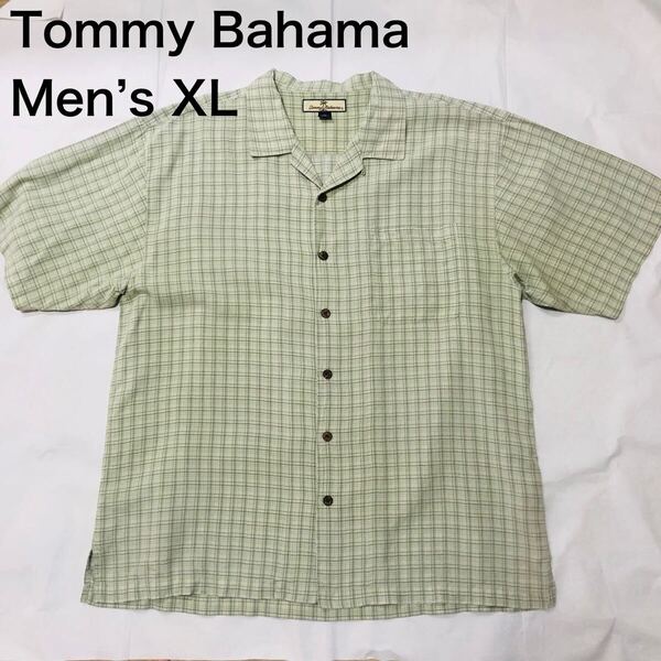【送料無料】Tommy Bahamaシルク100%アロハシャツ緑チェック柄 メンズXLサイズ トミーバハマ半袖シャツハワイアンシャツ絹