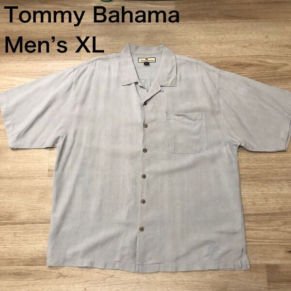 【送料無料】Tommy Bahamaシルク100 %アロハシャツ グレーチェック柄総柄 メンズXLサイズ トミーバハマハワイアンシャツ半袖シャツ絹