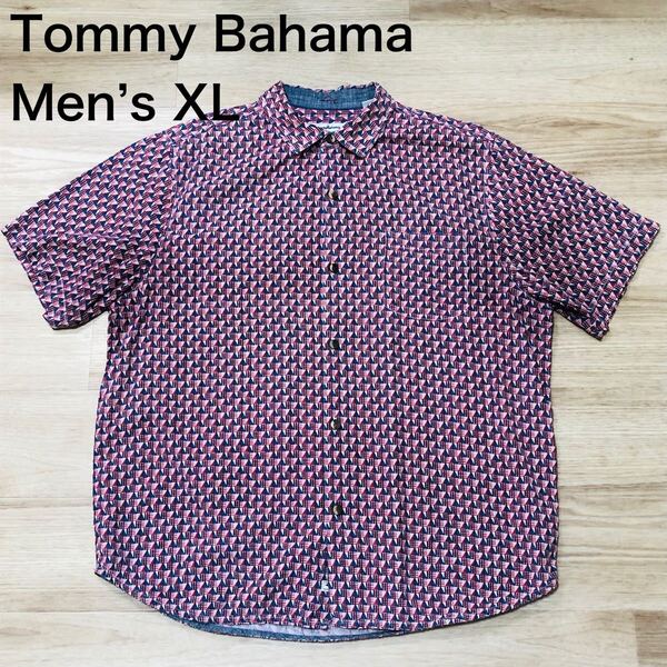 【送料無料】Tommy Bahamaシルク100%半袖シャツ 赤青系総柄 メンズXLサイズ トミーバハマハワイアンシャツアロハシャツ絹