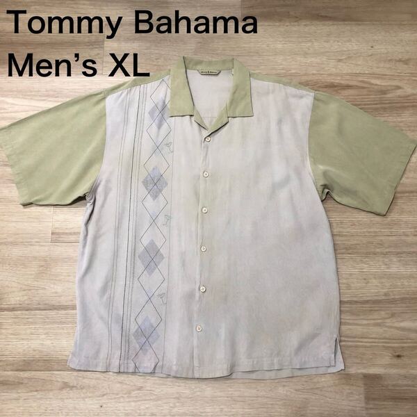 【送料無料】汚れありTommy Bahamaシルク100%アロハシャツ くすみ緑×カーキ刺繍柄 メンズXLサイズ トミーバハマハワイアン半袖シャツ