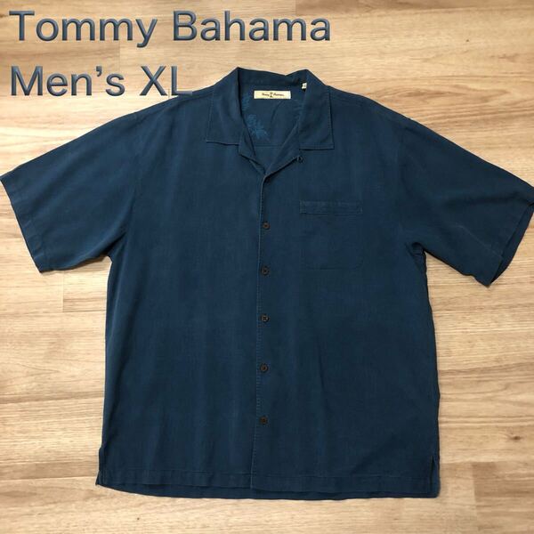 【送料無料】Tommy Bahamaシルク100 %アロハシャツ ネイビー メンズXLサイズ トミーバハマハワイアンシャツ半袖シャツ絹