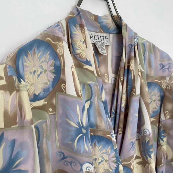 古着 総柄シャツ ジャケット アート 花柄 ダブル L レトロ ショールカラー モード おしゃれ 大人かわいい パーティー 紫 青