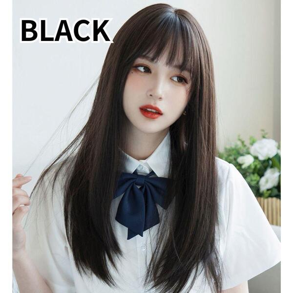 30 【耐熱フルウィッグ】ナチュラルロングストレート 黒 ブラック 前髪あり 耐熱 コスプレ・普段使いOK 学生風 ナチュラルカラー
