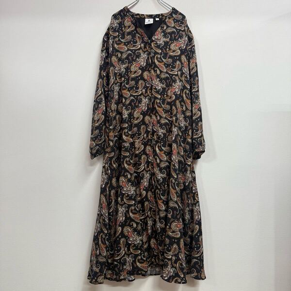 / niko and... ニコアンド ワンピース ペイズリー柄 ロング丈 前開き シャツ 総柄 ブラック サイズ3 ロングワンピース 【K-5】