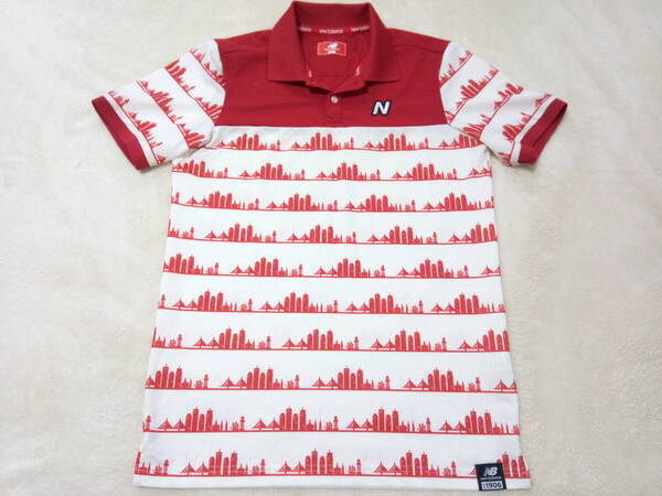 超美品 New Balance GOLF ニューバランスゴルフ メンズ半袖ポロシャツ 総柄 ダークレッド ホワイト 5サイズ M~L