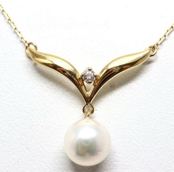 ★極美品★ MIKIMOTO ミキモト《K18天然ダイヤモンド/アコヤ本真珠ネックレス》18金イエローゴールド