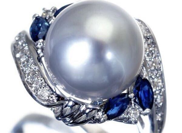 ★南洋黒蝶真珠★10.45mm珠&サファイア0.46ct&ダイヤ0.13ct 高級K18WG リング 美しい艶と照り パール