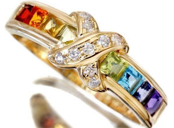 天然マルチカラー宝石0.75ct&ダイヤモンド0.10ct 高級K18YG 指輪 18金イエローゴールド