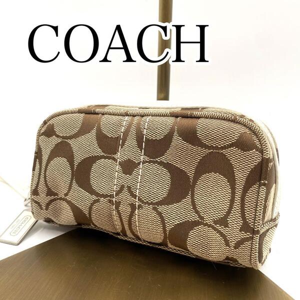 極美品 COACH コーチ ベージュ ロゴポーチ シグネチャー キャンバス 小物入れ