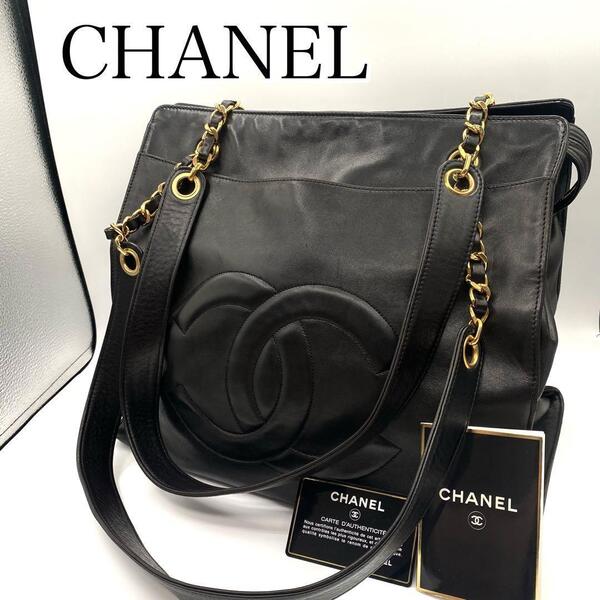 美品 CHANEL シャネル ブラック チェーンショルダーバッグ デカココ ラムスキン ギャランティーカード付き