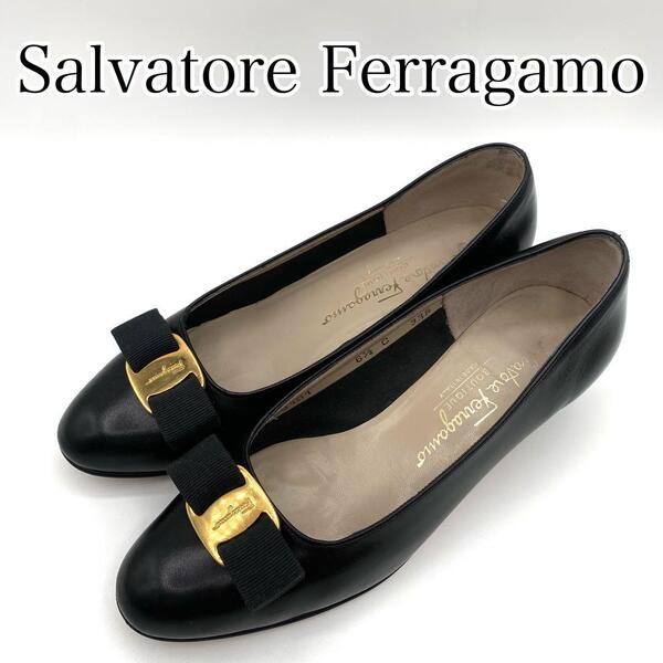 Salvatore Ferragamo サルバトーレフェラガモ パンプス ブラック レザー ヴァラリボン 62/1C 23.5㎝