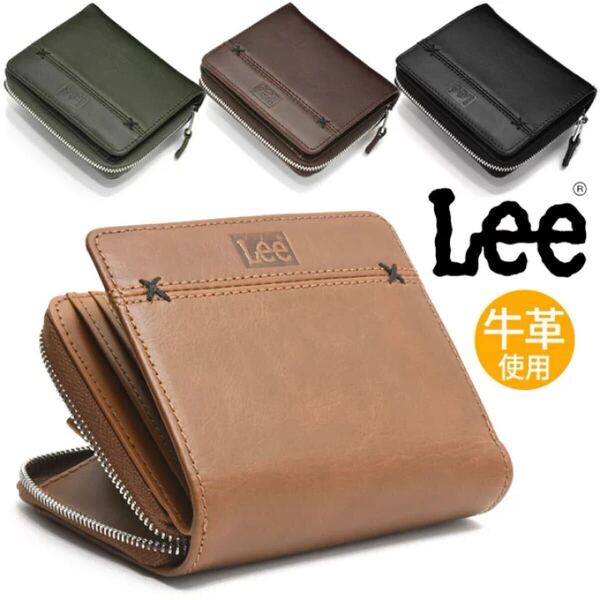 リー Lee 二つ折り 財布 小銭入れあり ラウンドファスナー クロスステッチデザイン リアルレザー 牛革 スリムウォレット 0520693 チョコ